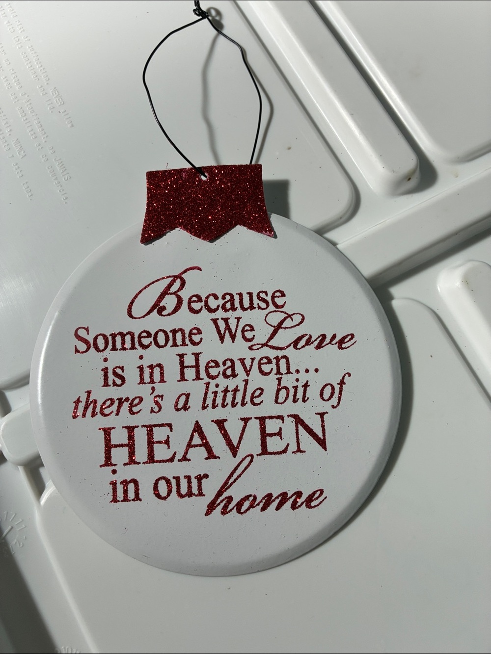 Memorial Holiday Ornament - White with Red Glitter Text - Unbranded